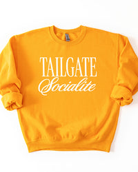Gold Tailgate Socialite crewneck sweatshirt with white graphic, women's football game day sweatshirt