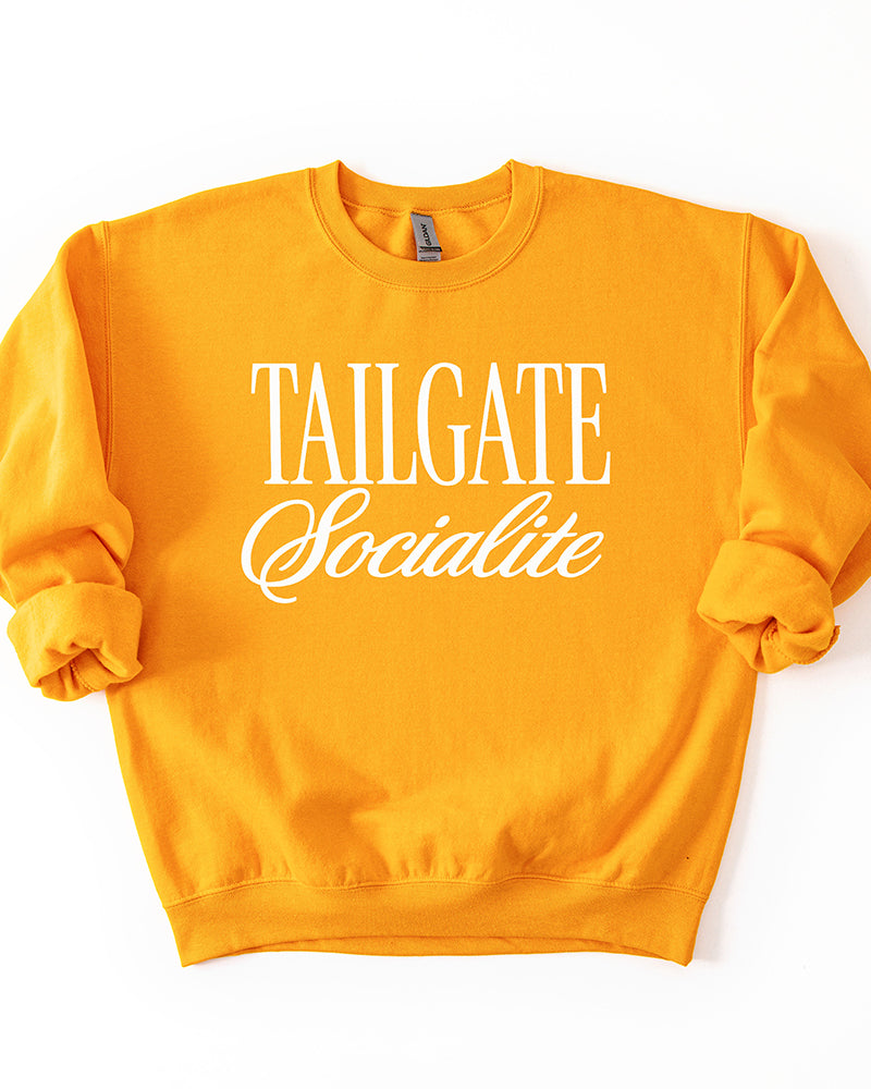 Gold Tailgate Socialite crewneck sweatshirt with white graphic, women's football game day sweatshirt