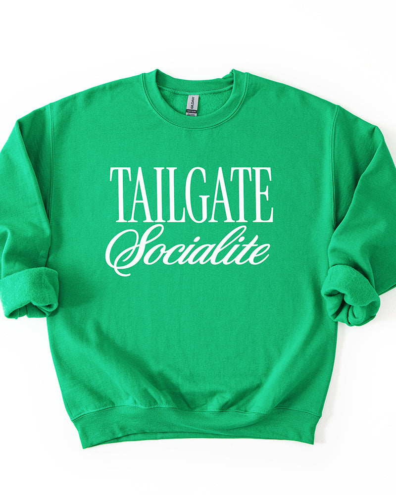 Irish Green Tailgate Socialite crewneck sweatshirt with white graphic, women's football game day sweatshirt