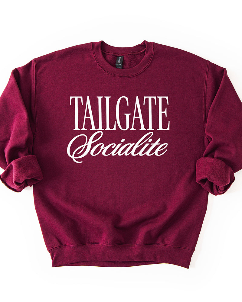 Maroon Tailgate Socialite crewneck sweatshirt with white graphic, women's football game day sweatshirt