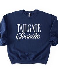 Navy Tailgate Socialite crewneck sweatshirt with white graphic, women's football game day sweatshirt