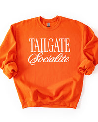 Orange Tailgate Socialite crewneck sweatshirt with white graphic, women's football game day sweatshirt