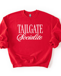 Red Tailgate Socialite crewneck sweatshirt with white graphic, women's football game day sweatshirt