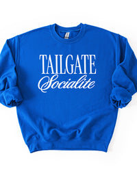 Royal Tailgate Socialite crewneck sweatshirt with white graphic, women's football game day sweatshirt