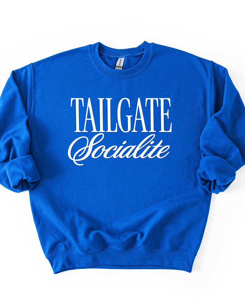 Royal Tailgate Socialite crewneck sweatshirt with white graphic, women's football game day sweatshirt