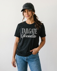 Woman wearing Tailgate Socialite black heather football tailgate tee