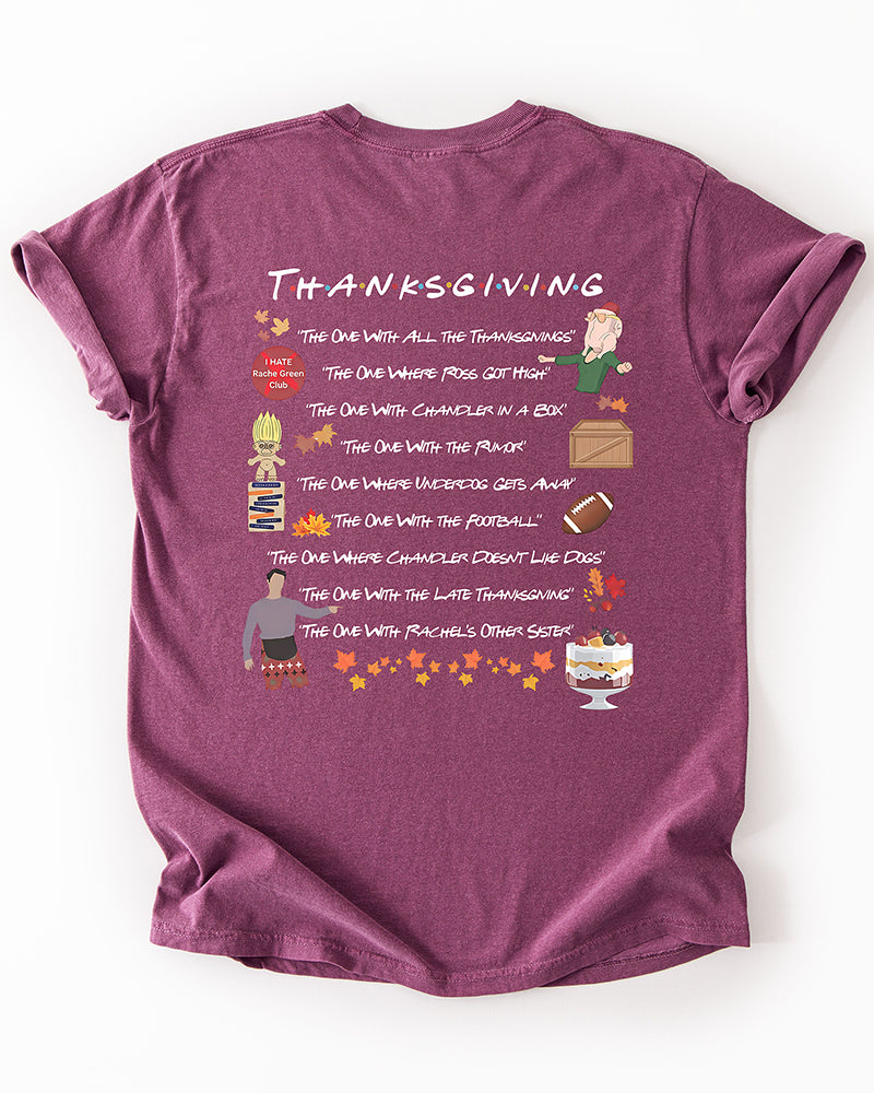 Back of berry purple Friends-inspired Thanksgiving graphic tee with colorful illustrations and nine memorable holiday episode references.