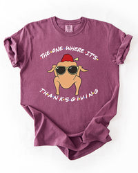 Berry purple heavyweight Thanksgiving T-shirt featuring a cartoon turkey wearing sunglasses and a fez surrounded by playful white lettering.