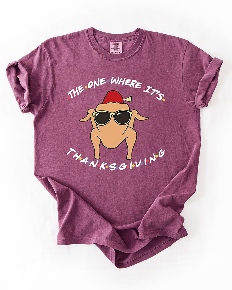 Berry purple heavyweight Thanksgiving T-shirt featuring a cartoon turkey wearing sunglasses and a fez surrounded by playful white lettering.
