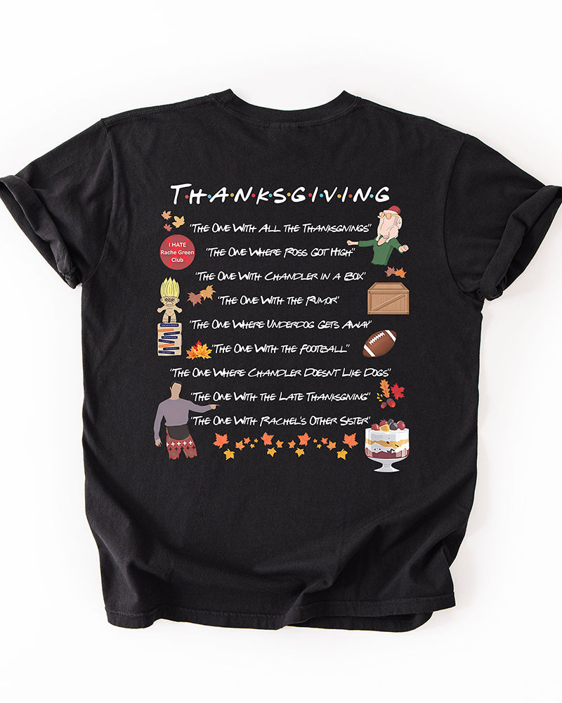 Black heavyweight Thanksgiving graphic T-shirt featuring a cartoon turkey wearing sunglasses and a fez with The One Where It's Thanksgiving lettering.