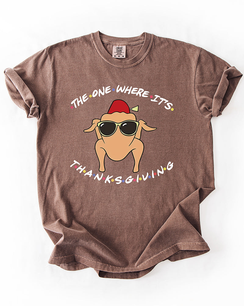 Black heavyweight Thanksgiving graphic T-shirt featuring a cartoon turkey wearing sunglasses and a fez with The One Where It's Thanksgiving lettering.