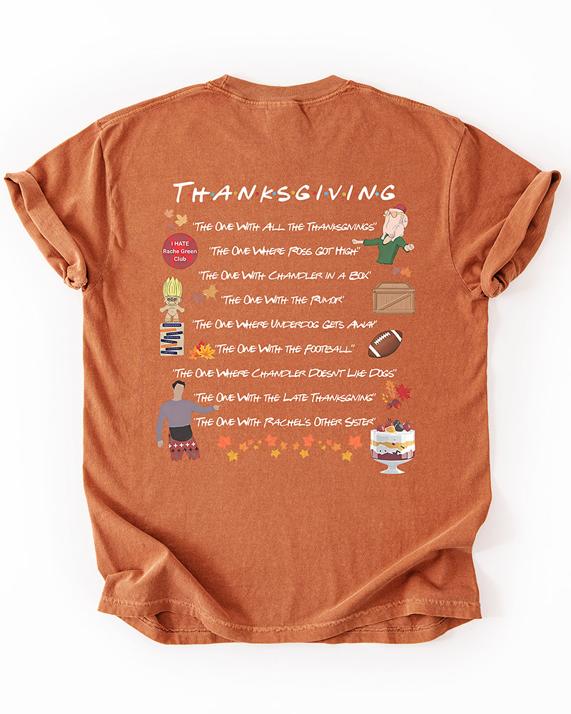Yam orange heavyweight graphic tee featuring The One Where It's Thanksgiving turkey artwork inspired by the Friends sitcom.