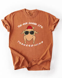 Yam orange heavyweight graphic tee featuring The One Where It's Thanksgiving turkey artwork inspired by the Friends sitcom.