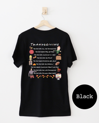 Back of black Friends-inspired Thanksgiving tee featuring colorful episode references and nostalgic holiday illustrations.