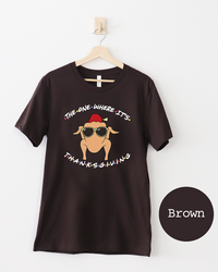 Brown The One Where It's Thanksgiving lightweight tee with Friends-inspired turkey wearing sunglasses and a red fez on the front.