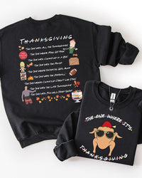 Black Thanksgiving graphic crewneck sweatshirt featuring a turkey wearing sunglasses and a fez with playful Friends-inspired typography.