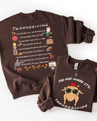 Dark chocolate Thanksgiving crewneck sweatshirt featuring Monica's turkey wearing sunglasses and a fez with The One Where It's Thanksgiving lettering.