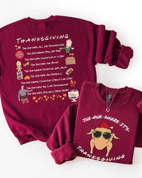 Maroon The One Where It's Thanksgiving crewneck sweatshirt with cartoon turkey in sunglasses and colorful Friends-inspired lettering.