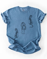Blue Jean heavyweight graphic t-shirt featuring three black tiger illustrations
