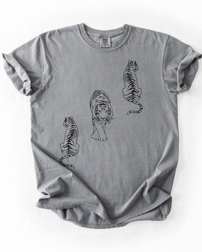 Grey heavyweight graphic tee with scattered black tiger line art design