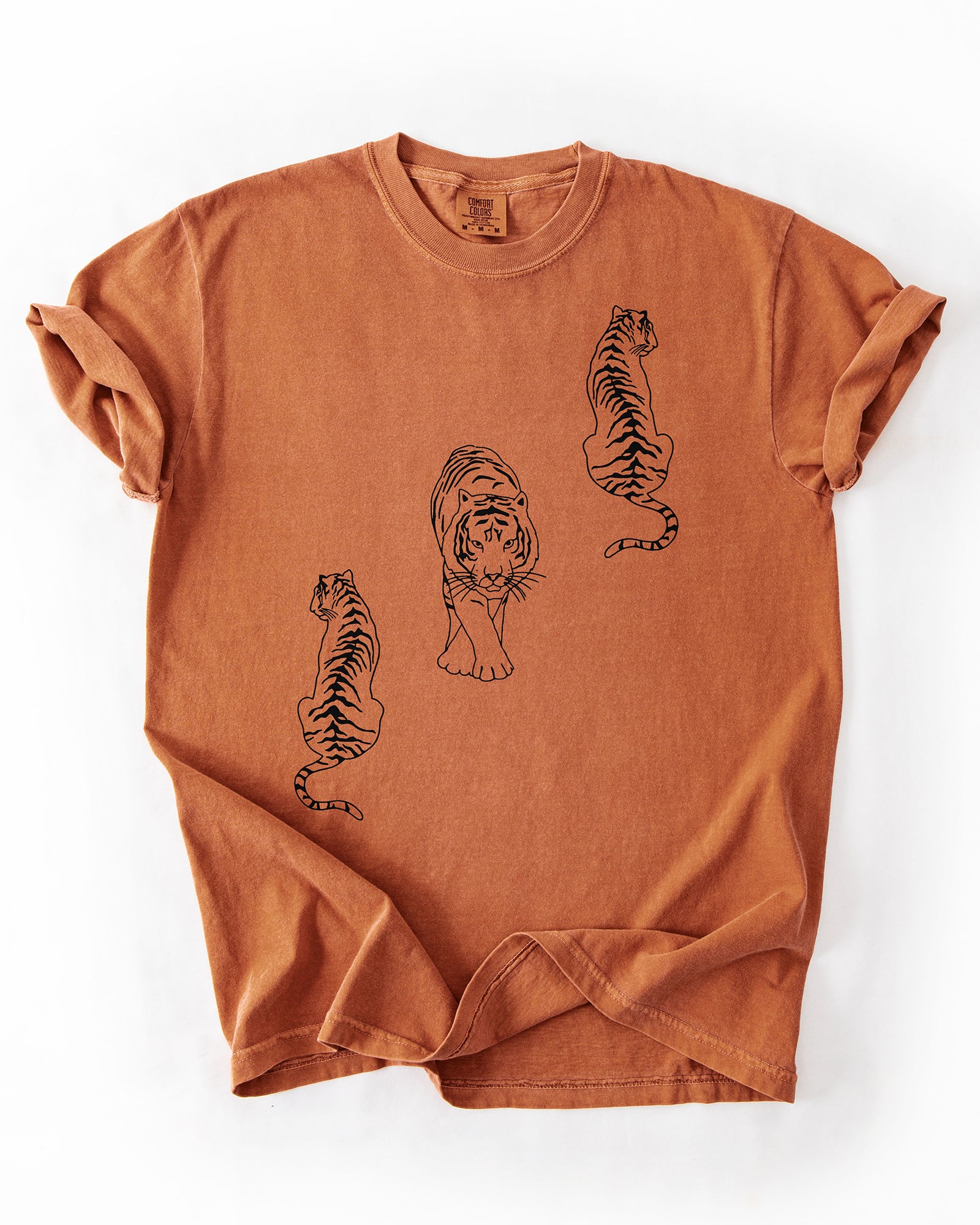 Yam Comfort Colors heavyweight tiger graphic tee with three black illustrated tigers