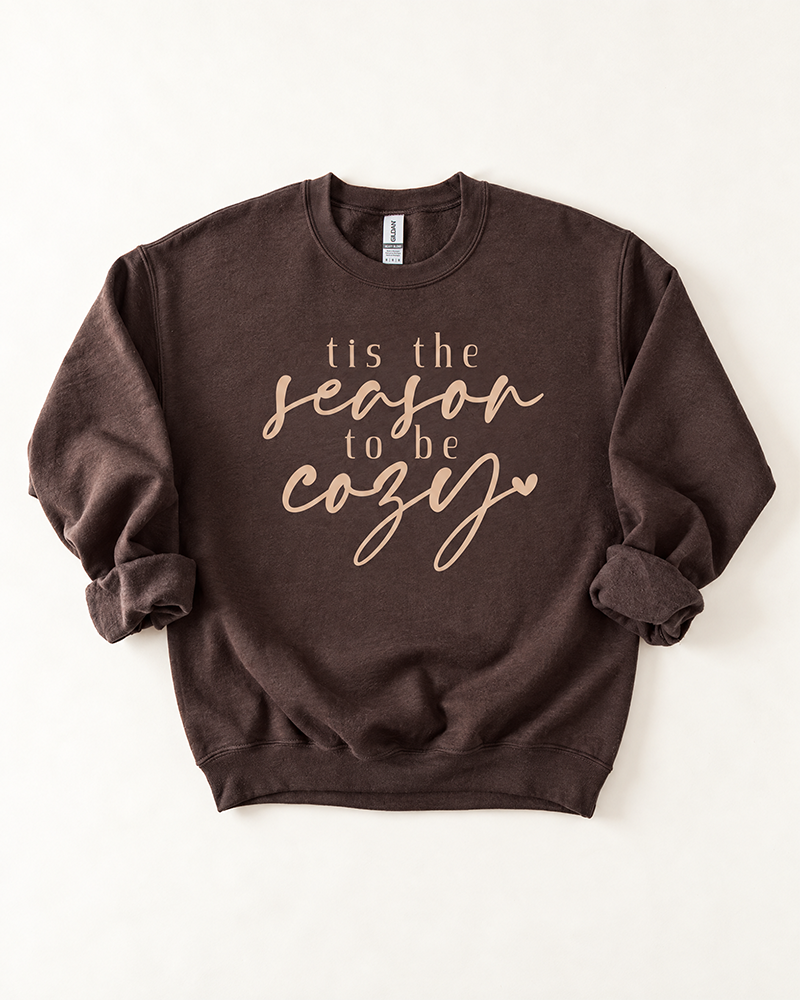 Dark chocolate Tis the Season to Be Cozy graphic crewneck sweatshirt