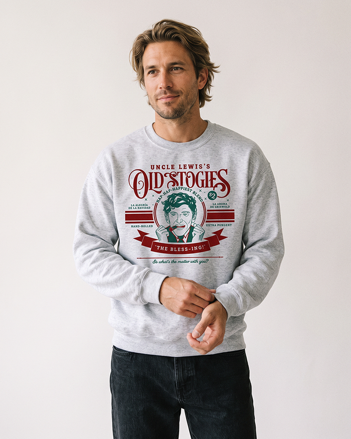 Man wearing ash gray Uncle Lewis Old Stogies Christmas Vacation crewneck sweatshirt