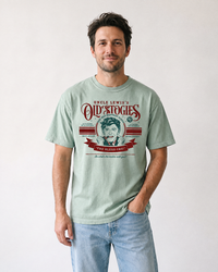 Man wearing Uncle Lewis Old Stogies Christmas Vacation heavyweight graphic tee