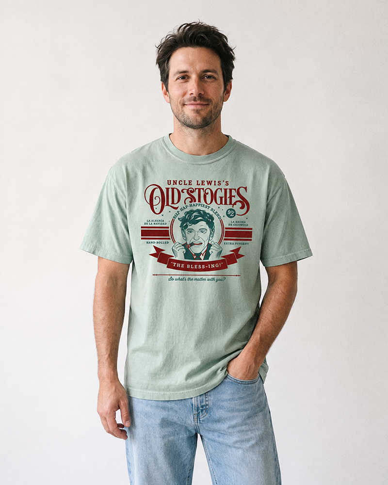 Man wearing Uncle Lewis Old Stogies Christmas Vacation heavyweight graphic tee