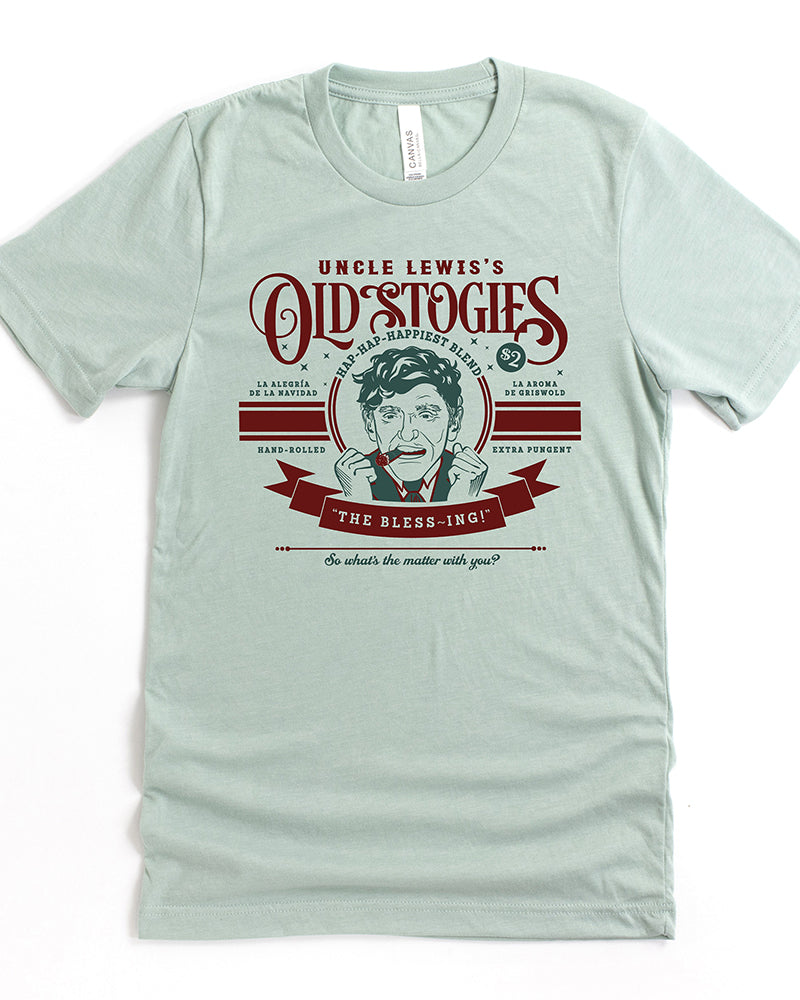 Heather dusty blue Uncle Lewis Old Stogies lightweight Christmas Vacation graphic tee