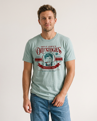 Man wearing Uncle Lewis Old Stogies lightweight Christmas graphic tee in heather dusty blue