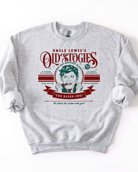 Ash gray Uncle Lewis Old Stogies Christmas crewneck sweatshirt with vintage red and green graphic
