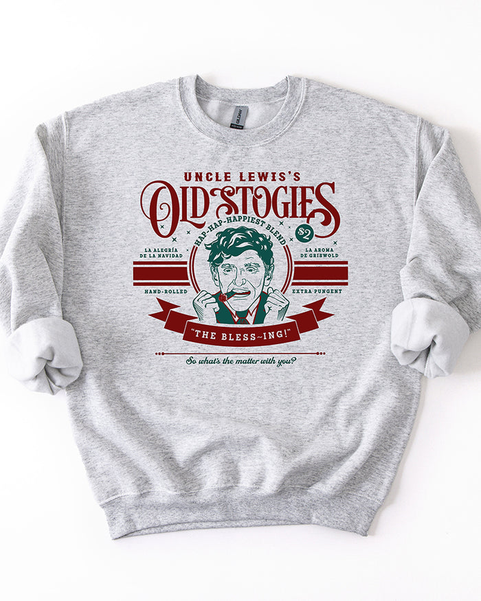 Ash gray Uncle Lewis Old Stogies Christmas crewneck sweatshirt with vintage red and green graphic