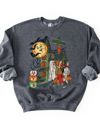 Dark heather grey Elm St Halloween sweatshirt with retro haunted house and trick or treaters