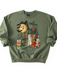 Military green vintage Elm St Halloween sweatshirt with haunted house and trick or treaters