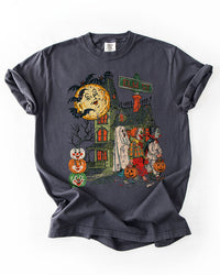 Graphite vintage Elm St Halloween tee with retro haunted house trick or treaters and pumpkins