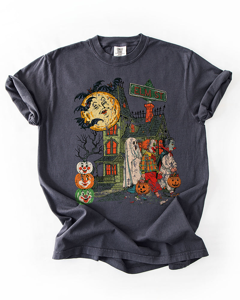 Graphite vintage Elm St Halloween tee with retro haunted house trick or treaters and pumpkins