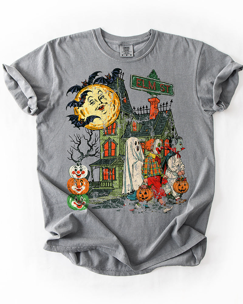 Grey vintage Elm St Halloween tee with trick or treaters haunted house bats moon and pumpkins