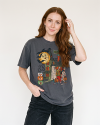 Woman wearing Graphite vintage horror Halloween tee with Elm St trick or treat graphic
