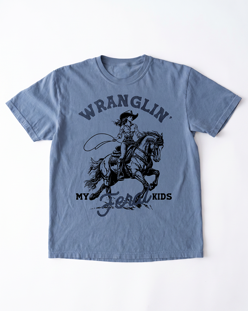 Blue jean Wranglin My Feral Kids heavyweight tee with vintage Western cowgirl graphic