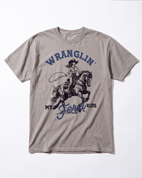 Grey Wranglin My Feral Kids western heavyweight tee with cowgirl and horse graphic