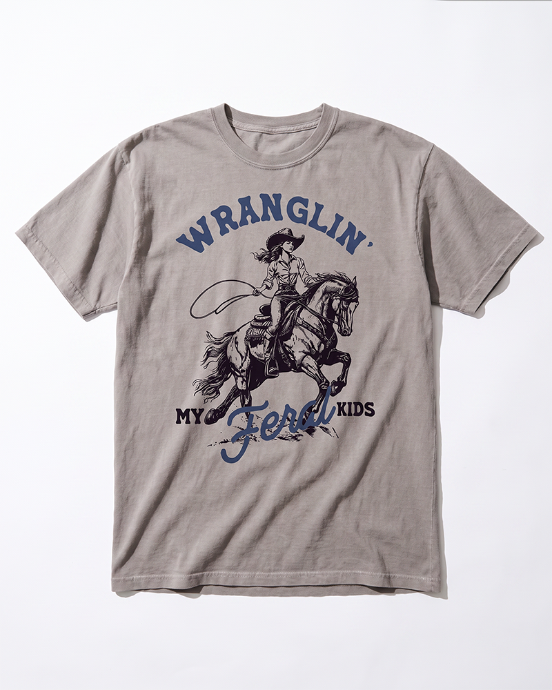 Grey Wranglin My Feral Kids western heavyweight tee with cowgirl and horse graphic