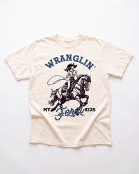 Ivory Wranglin My Feral Kids western mom heavyweight tee with vintage cowgirl horseback graphic
